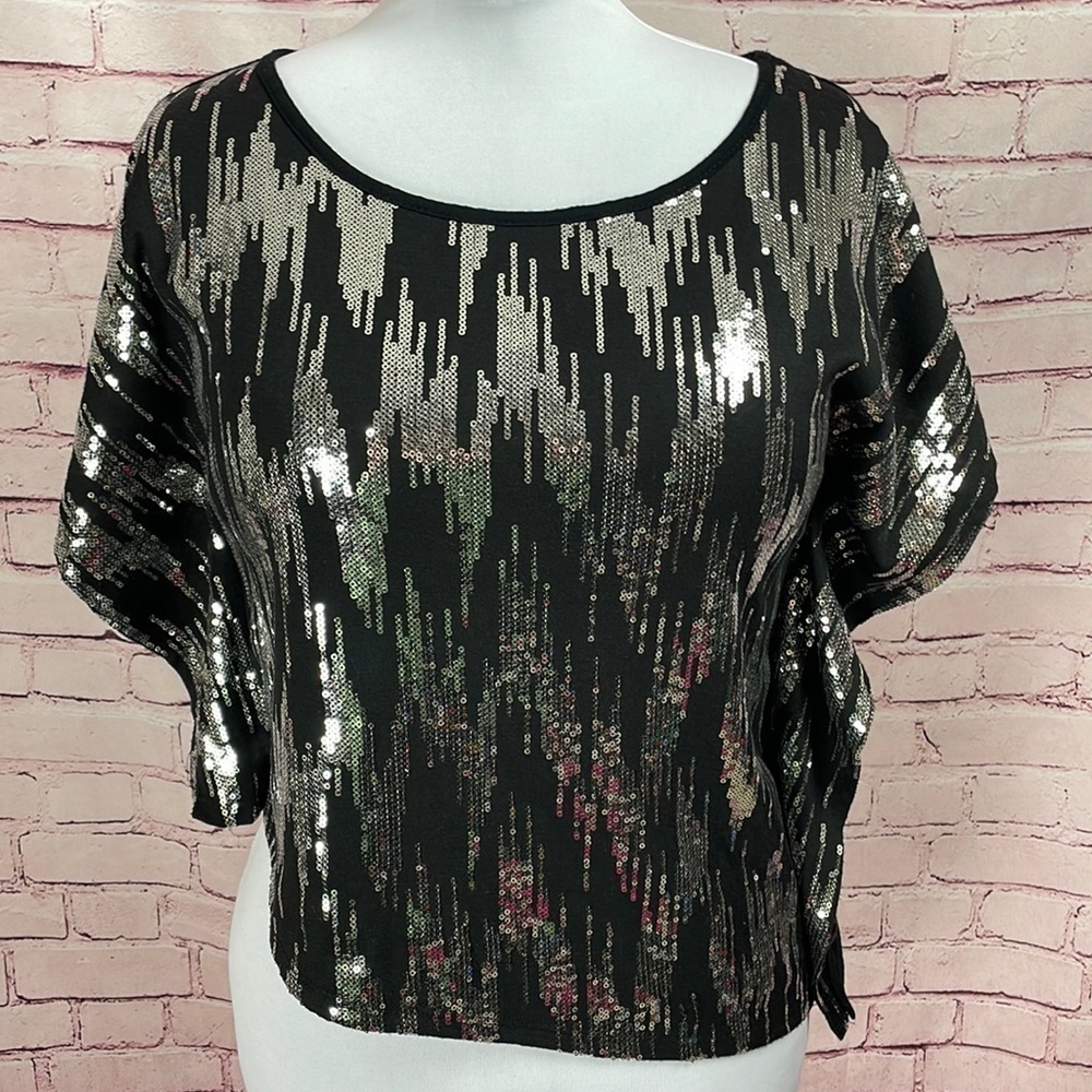 First Love Black and Sequin Asymmetrical Top - Size Large